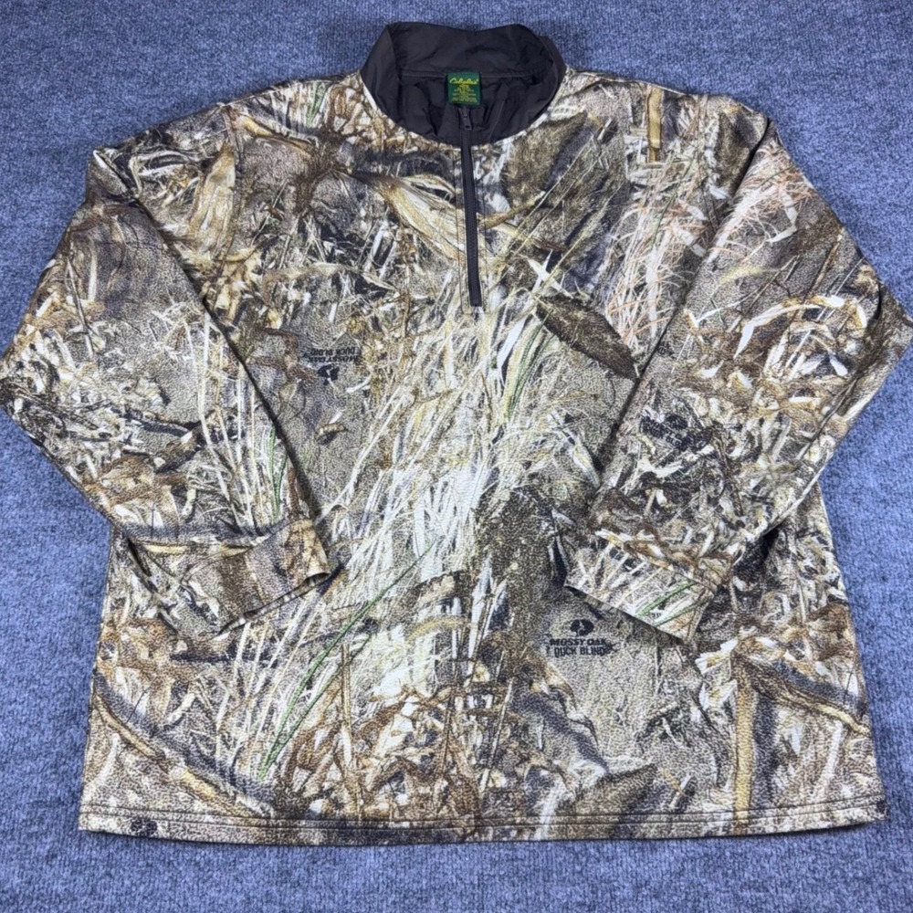 Cabelas Mens XL Mossy Oak Duck Blind Camo Quarter Zip Fleece Pullover Hunting